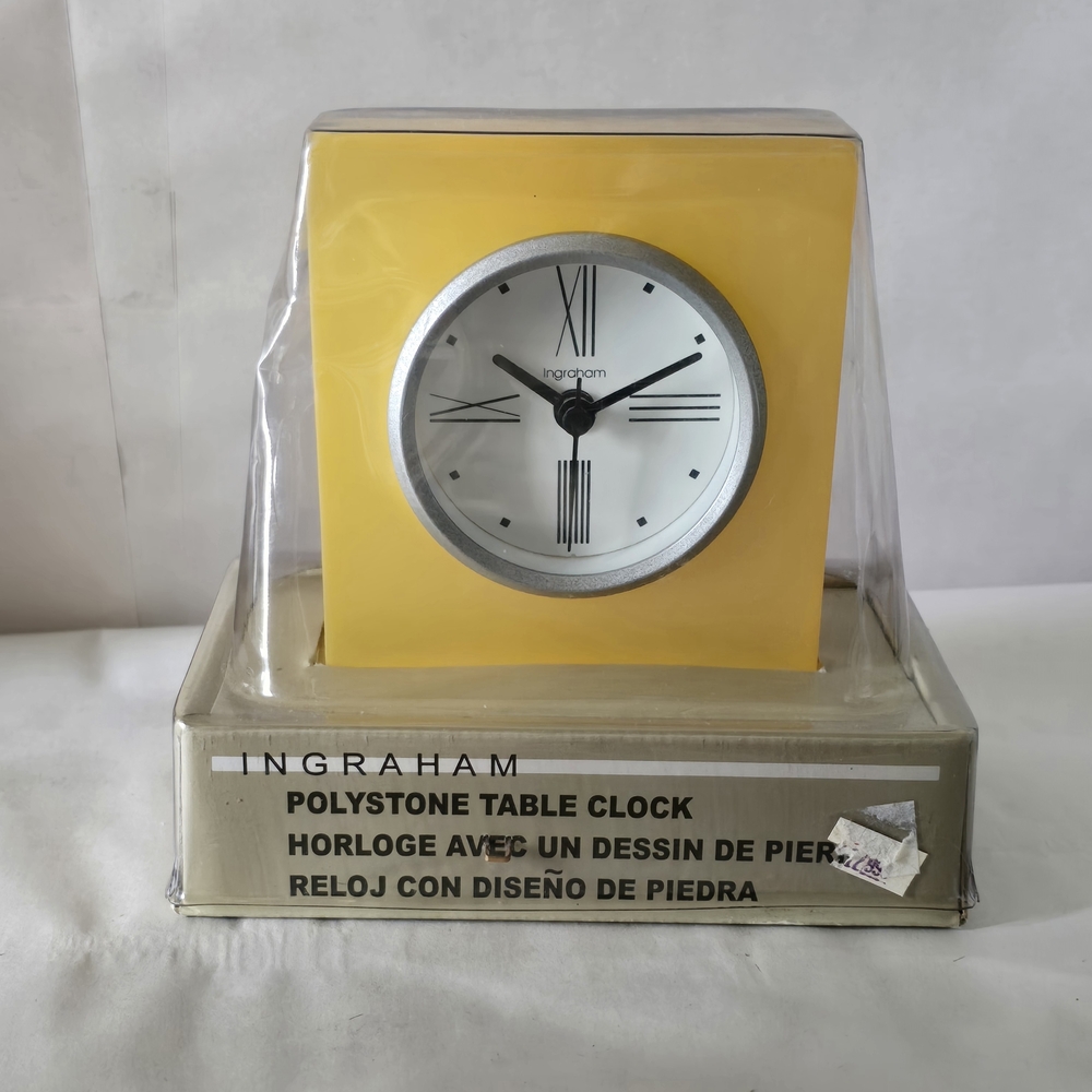 Vintage Ingraham Yellow Polystone Table Clock In Original Box